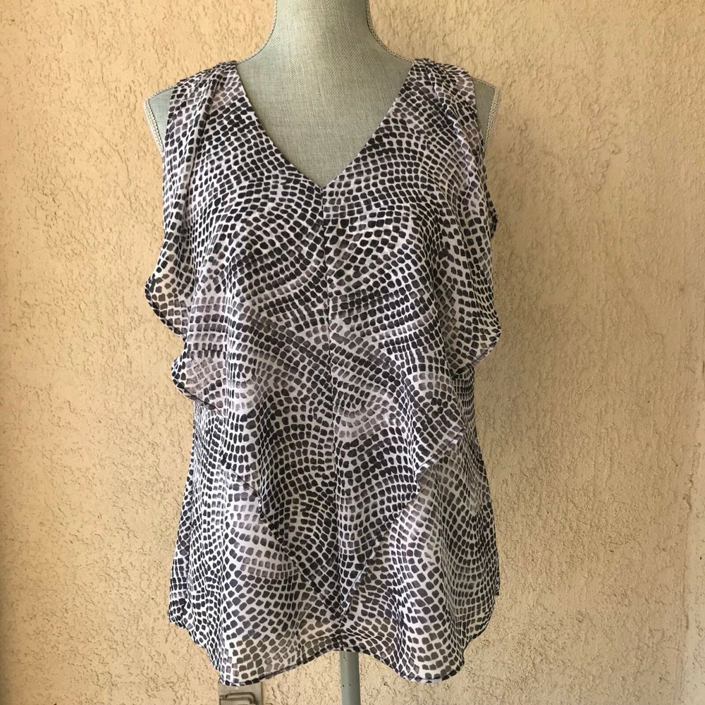 Womens Y2K Black White Printed Flutter Tank Top Sleeveless Blouse Small Chic - Picture 4 of 11